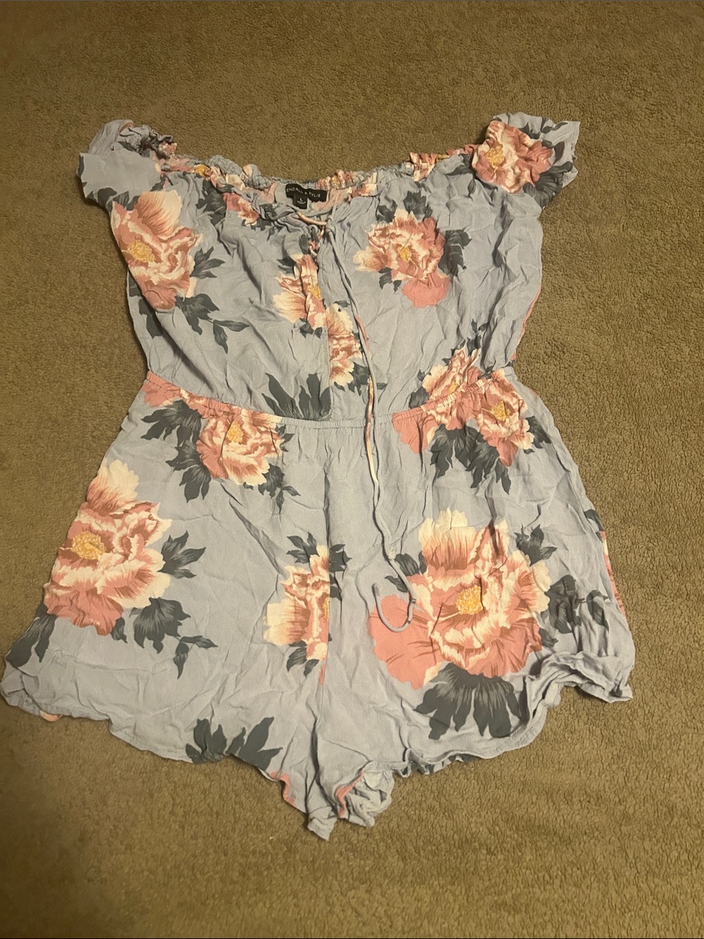 Kendall & Kylie Light Blue Floral Off-Shoulder Romper with Peach Blooms